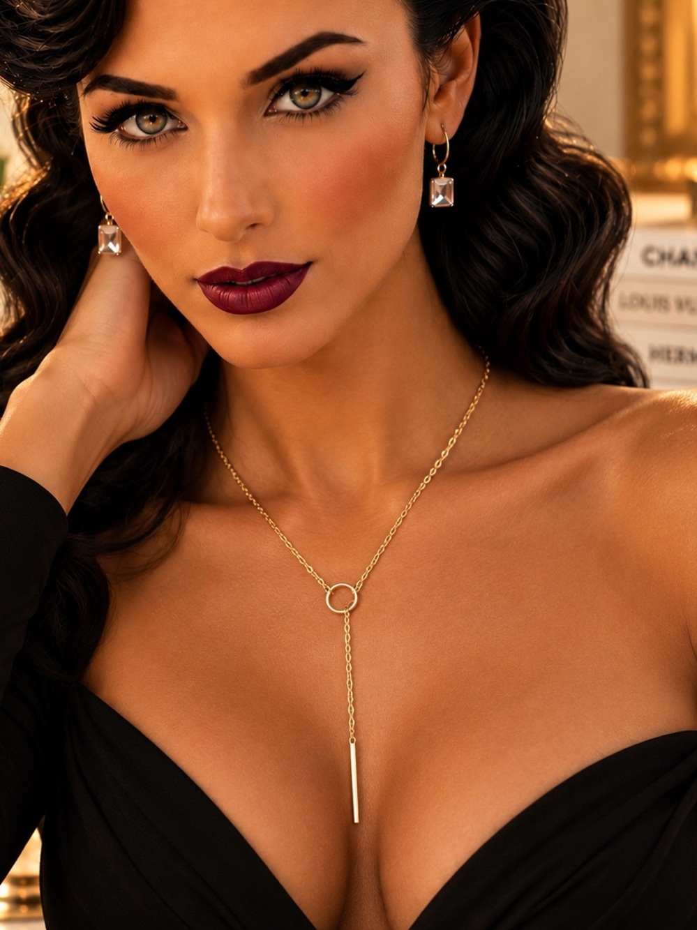 Gold Tone Lariat Y Necklace 20” Minimalist Circle Bar Pendant Wrap Dainty